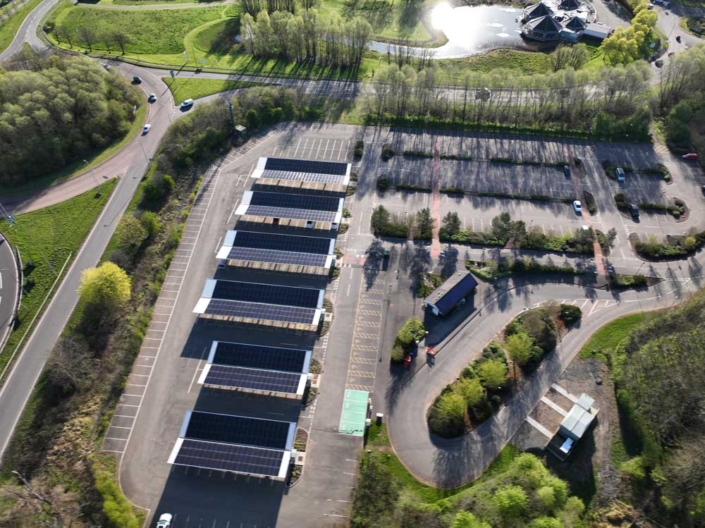 Drone shot of EV charging stations