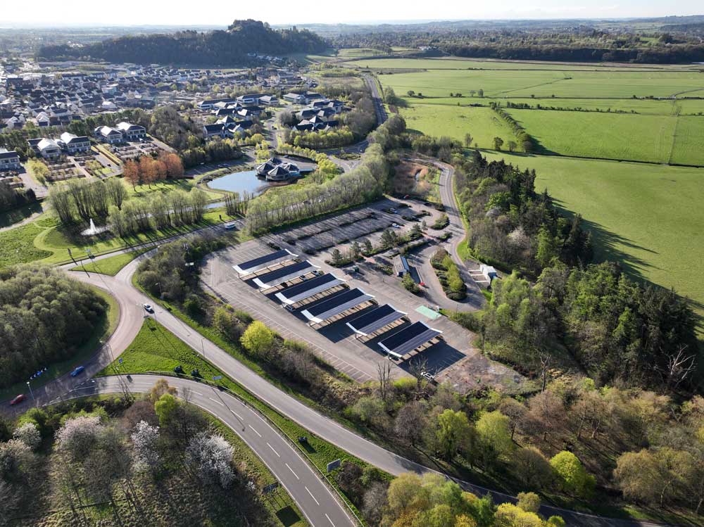 Drone shot of EV charging stations