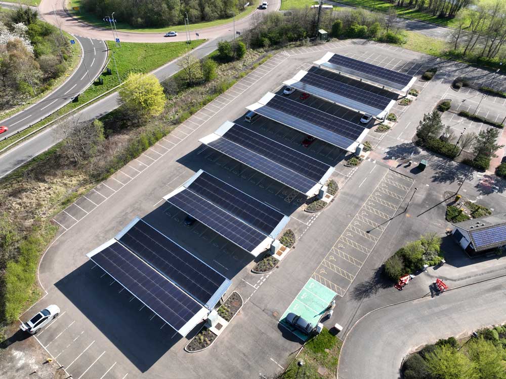 Drone shot of EV charging stations