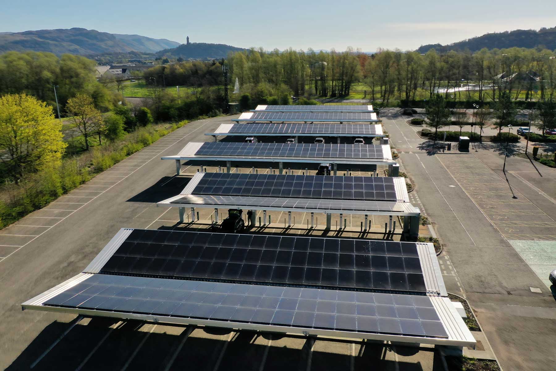 Drone shot of EV charging stations